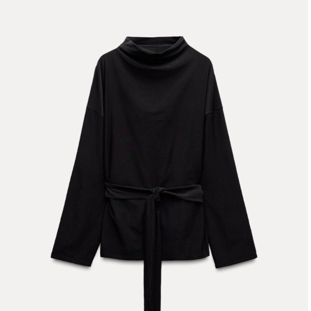 Zara Black Long-Sleeve Tie-Waist Top